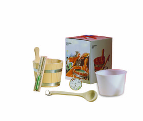 
Sauna Set (набор  принадлежностей) для сауны и бани: деревянная шайка, черпак, песочные часы, термогигрометр.